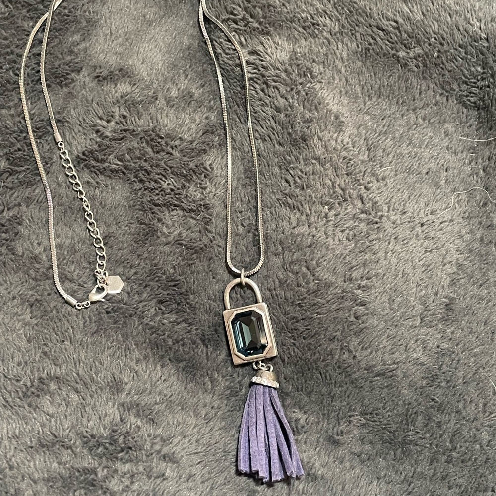 Modern Silver and Navy Blue Crystal Pendant Necklace with Tassel